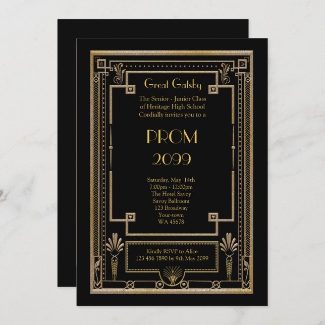 Prom Senior-Junior, Great Gatsby, gold, black Invitation (Front/Back)