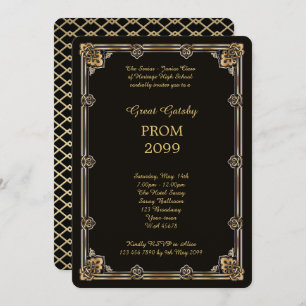 Prom Senior-Junior, Great Gatsby, Gold, Black Invitation