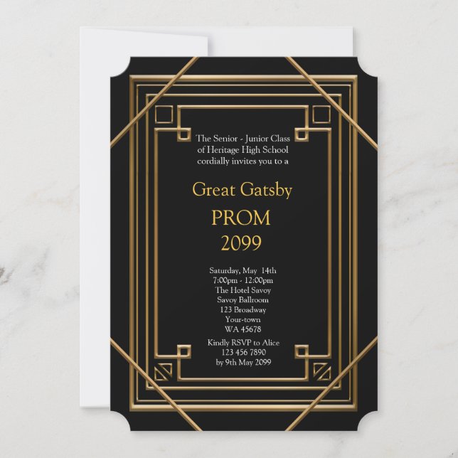 Prom Senior-Junior, Great Gatsby, Gold, black Invitation (Front)