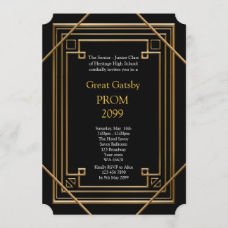Prom Senior-Junior, Great Gatsby, Gold, black Invitation