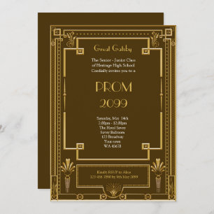 Prom Senior-Junior, Great Gatsby, gold, brown Invitation