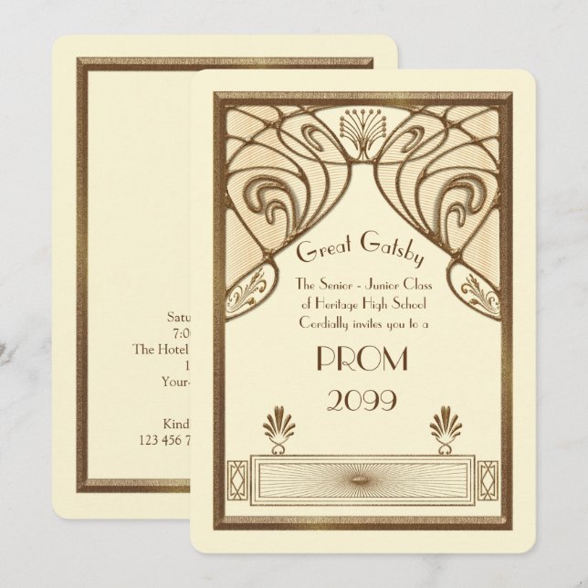 Prom Senior-Junior, Great Gatsby, gold, ivory Invitation (Front/Back)