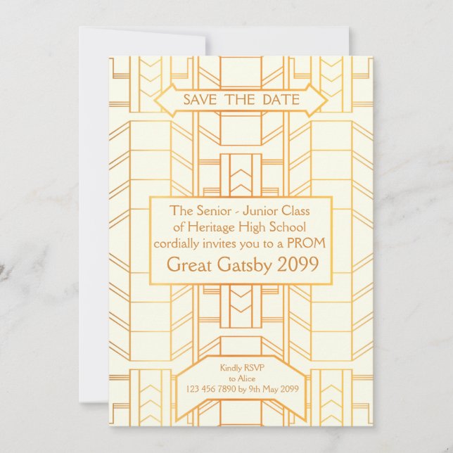 Prom Senior-Junior, Great Gatsby, Gold, ivory Save The Date (Front)