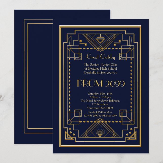 Prom Senior-Junior, Great Gatsby, gold, navy Invitation (Front/Back)