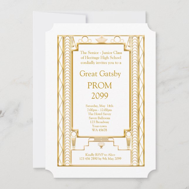 Prom Senior-Junior, Great Gatsby, Gold, White Invitation (Front)