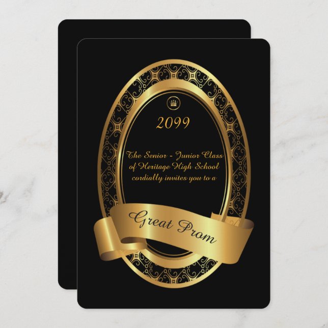 Prom Senior-Junior, Great Prom,elegant black,gold Invitation (Front/Back)