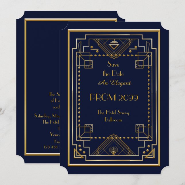 Prom Senior-Junior, Navy, Gold Geometric,Art Deco Invitation (Front/Back)