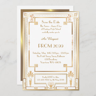 Prom Senior-Junior, White Gold Geometric, Art Deco Invitation