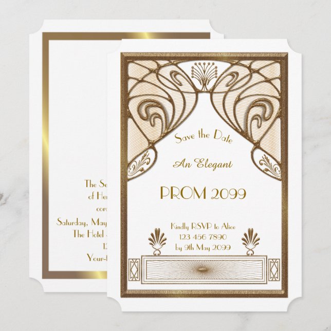 Prom Senior-Junior, white, Gold Geometric,Art Deco Invitation (Front/Back)