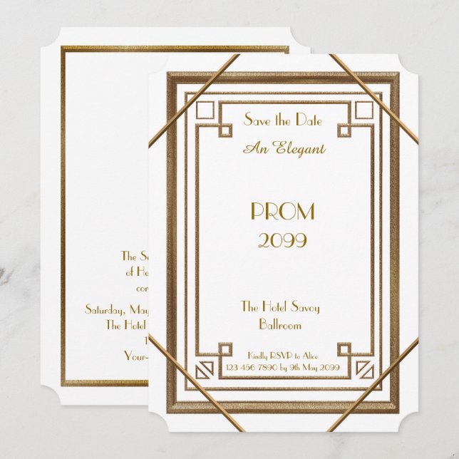 Prom Senior-Junior, White, Gold Geometric,Art Deco Invitation (Front/Back)