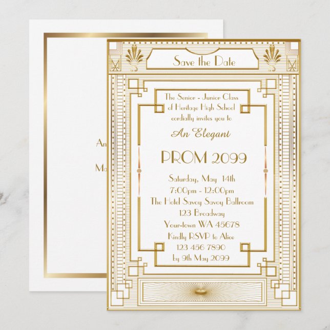 Prom Senior-Junior, white Gold Geometric Emperor Invitation (Front/Back)