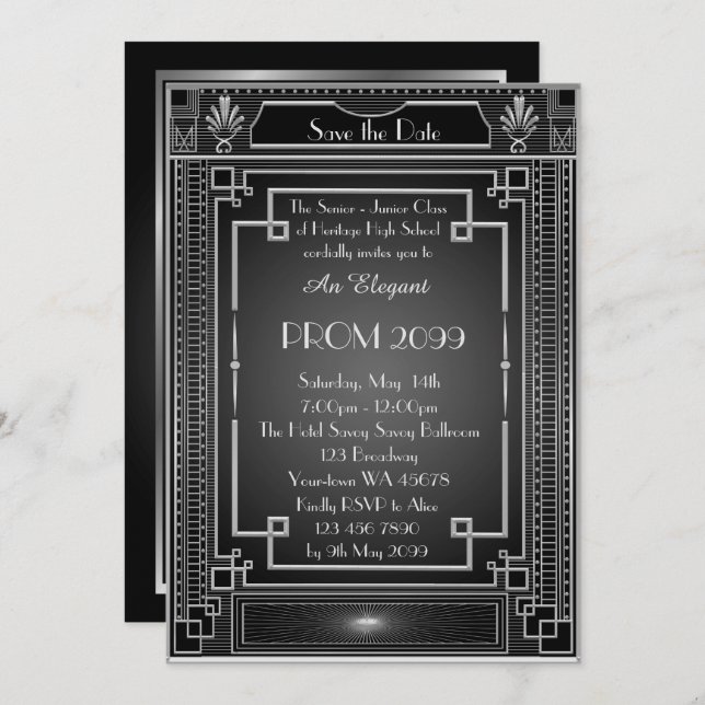 Prom Senior-Junior, white Gold Geometric Emperor Invitation (Front/Back)