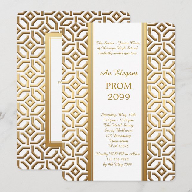 Prom Senior-Junior, white Gold Geometric Invitation (Front/Back)