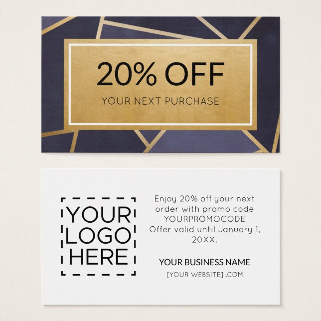 Promo Code Modern Navy Blue Gold Discount Cards (Front & Back)