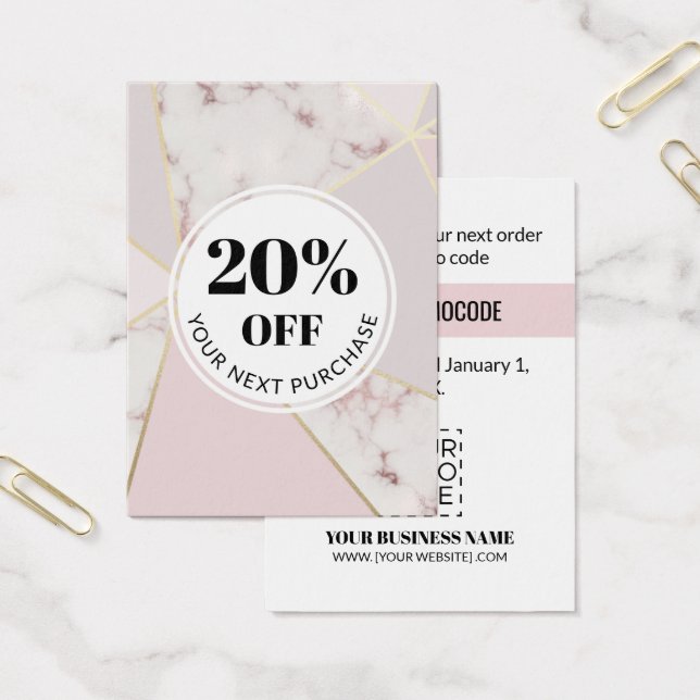 Promo Code Pink Marble Geometric Discount Cards (Office)