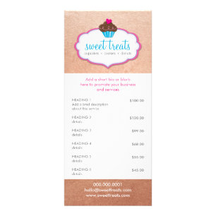 PROMO PRICE SERVICES LIST cupcake bakery rose gold Rack Card