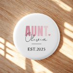 Promoted to Aunt EST 2025 | Personalised New Aunt  3 Cm Round Badge<br><div class="desc">Celebrate the exciting news with this adorable Promoted to Aunt EST 2025 button badge! Featuring soft blush pink lettering, elegant black script, and a charming heart detail, this personalised button is perfect for pregnancy announcements, gender reveals, or simply letting the world know she’s going to be an aunt. Customise it...</div>