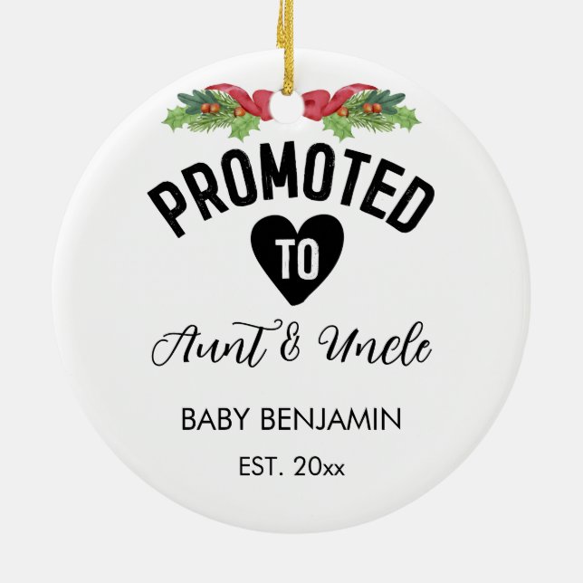 Promoted to Aunt & Uncle Personalised Baby Name Ceramic Ornament (Back)