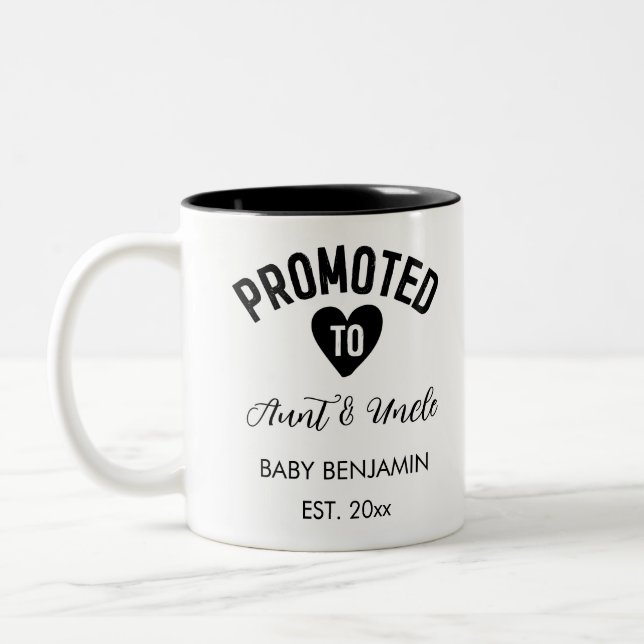 Promoted to Aunt & Uncle Personalised Baby Name Two-Tone Coffee Mug (Left)
