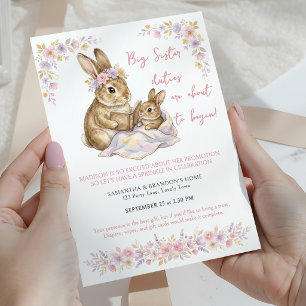 Promoted to Big Sister Bunny Floral Baby Sprinkle Invitation