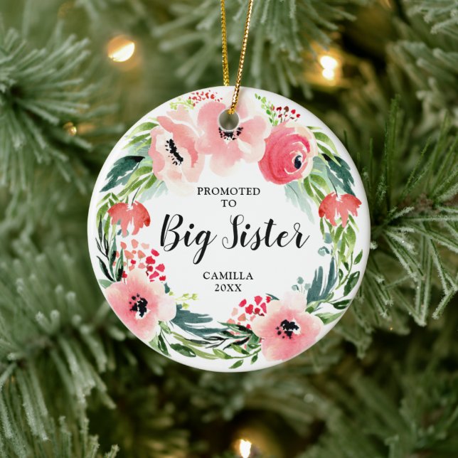 Promoted To Big Sister Personalised Floral Wreath Ceramic Ornament (Tree)
