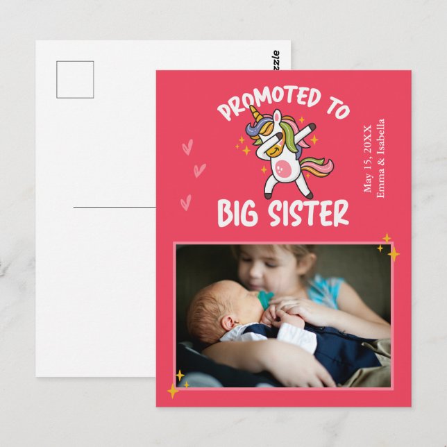 Promoted to Big Sister Unicorn Photo Announcement Postcard (Front/Back)