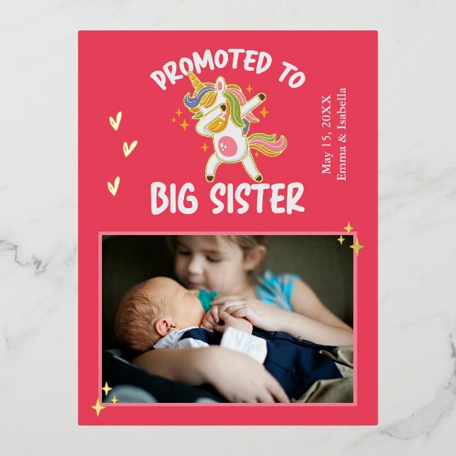 Promoted to Big Sister Unicorn Photo Gold Foil Invitation Postcard (Front)