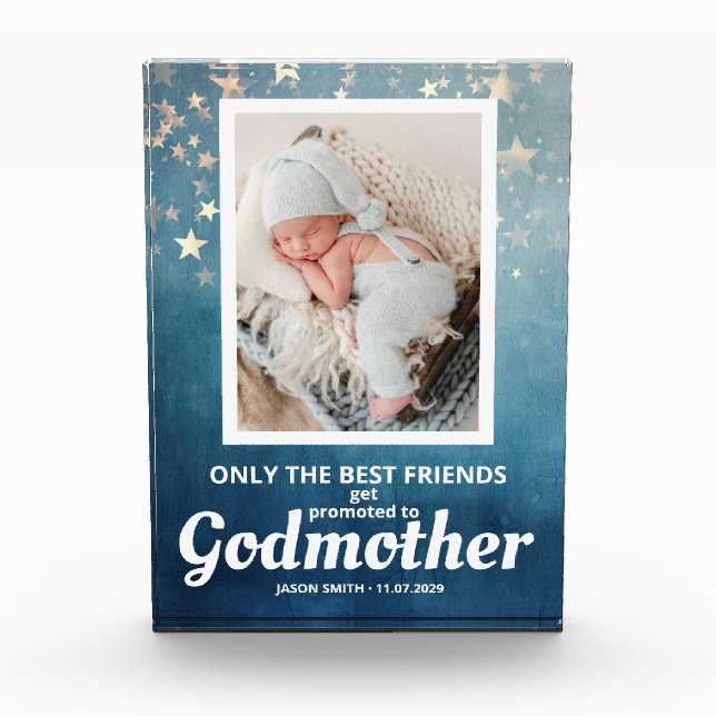 Promoted to Godmother Birth Announcement Baby Photo Block (Front)