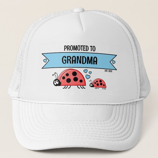 Promoted to Grandma ladybugs white blue Trucker Hat (Front)