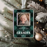 Promoted to Grandpa Baby Photo Silver Plated Framed Ornament<br><div class="desc">Celebrate his first Christmas as a grandfather with this sweet photo ornament featuring a baby photo framed by classic green and black buffalo plaid. "Promoted to Grandpa" appears beneath in white rustic lettering,  along with the year.</div>