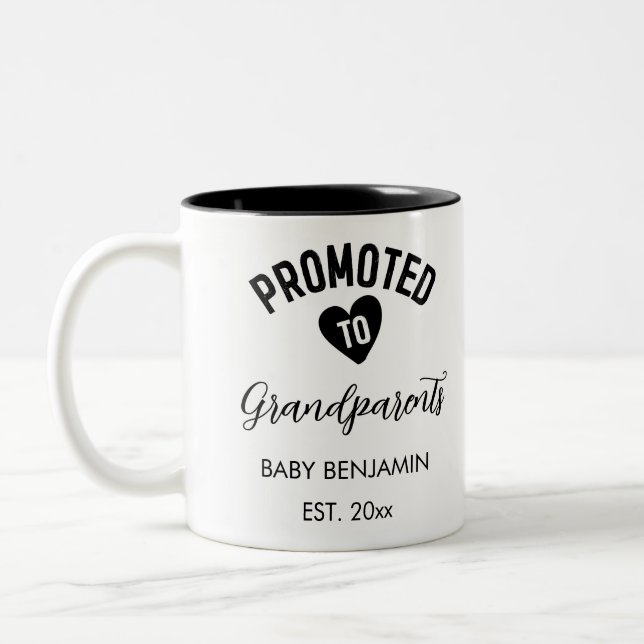 Promoted to Grandparents Personalised Baby Name Two-Tone Coffee Mug (Left)