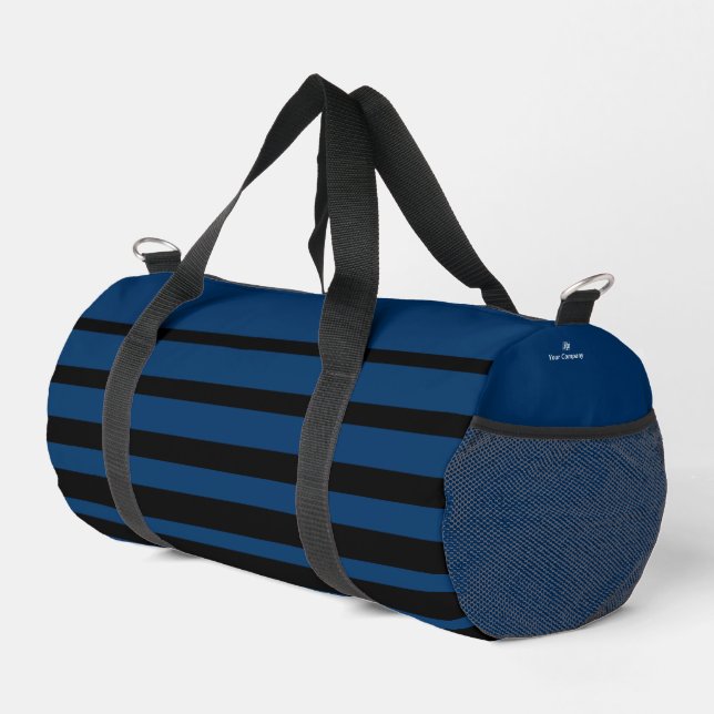 Promotion Company Logo Name Striped Blue Black Duffle Bag (Right Corner)