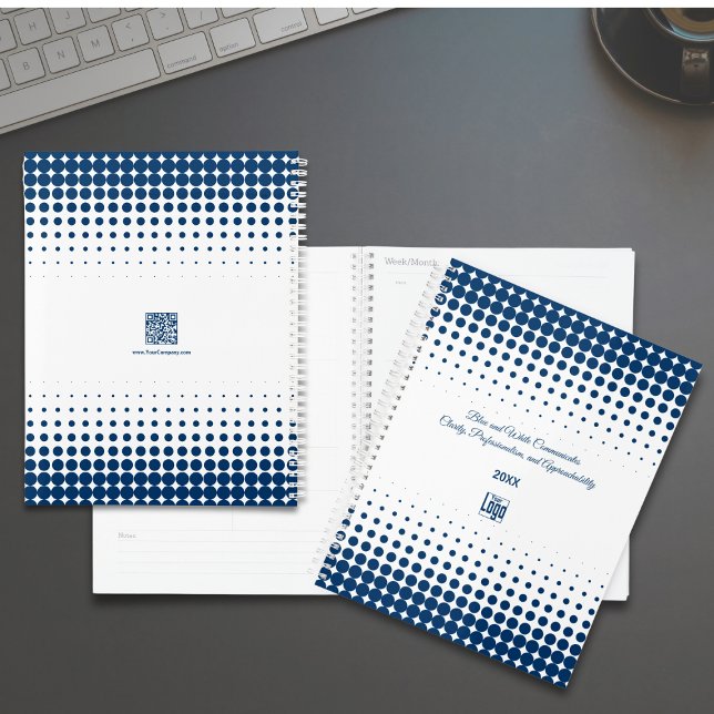 Promotional Blue White Small Business Appointment  Planner (Promotional Blue White Small Business Appointment Planner, Logo, Tagline, QR code)