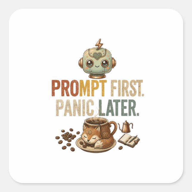 Prompt First Panic Later Funny Ai Robot Square Sticker (Front)