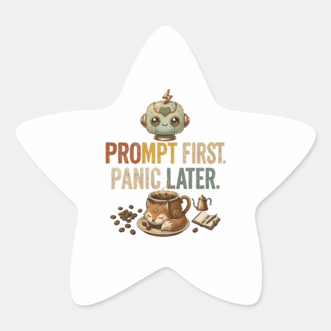 Prompt First Panic Later Funny Ai Robot Star Sticker (Front)