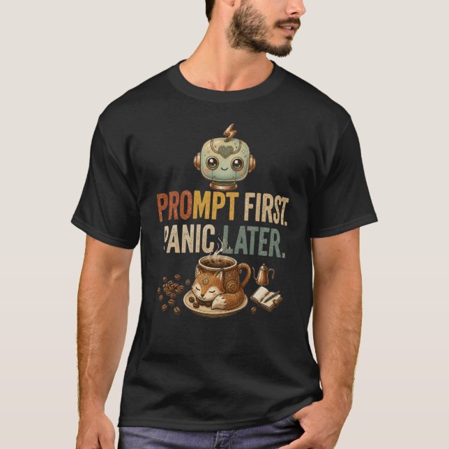 Prompt First Panic Later Funny Ai Robot T-Shirt (Front)