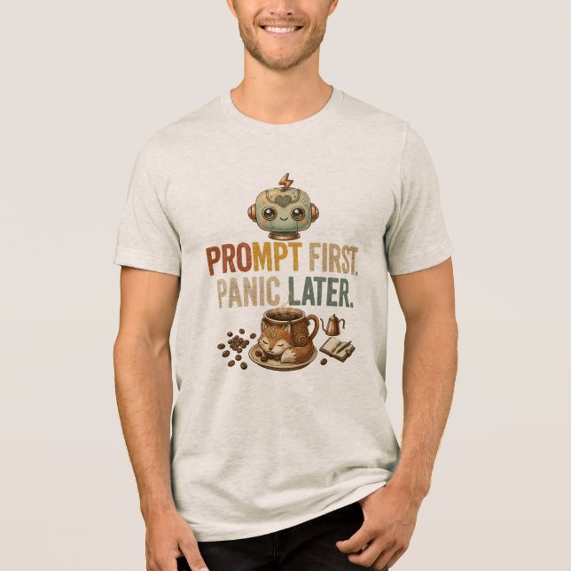Prompt First Panic Later Funny Ai Robot Tri-Blend Shirt (Front)