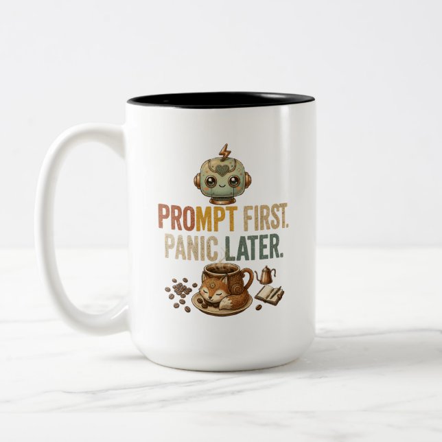 Prompt First Panic Later Funny Ai Robot Two-Tone Coffee Mug (Left)