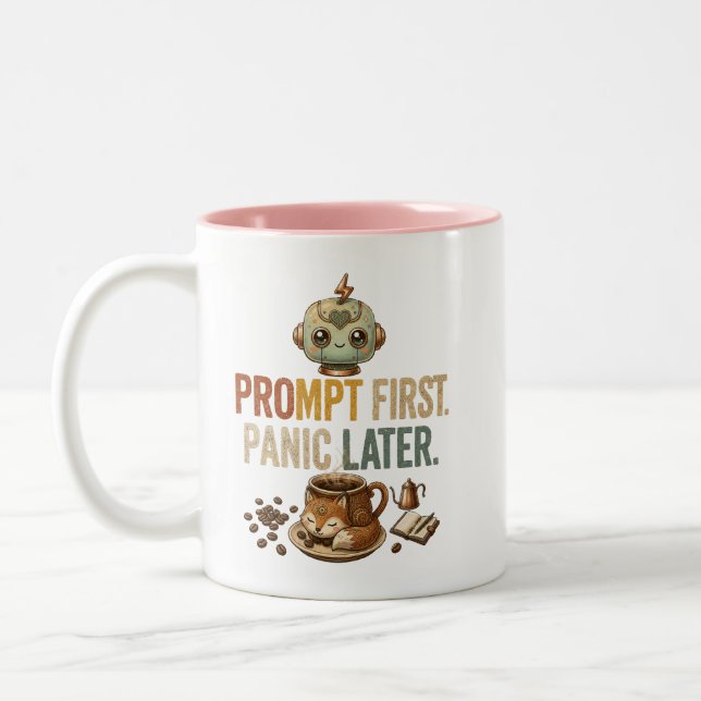 Prompt First Panic Later Funny Ai Robot Two-Tone Coffee Mug (Left)