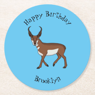 Pronghorn antelope cartoon illustration  round paper coaster