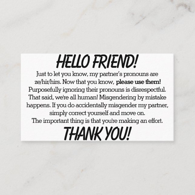 Pronoun Cards (ze/hir partner) (Front)