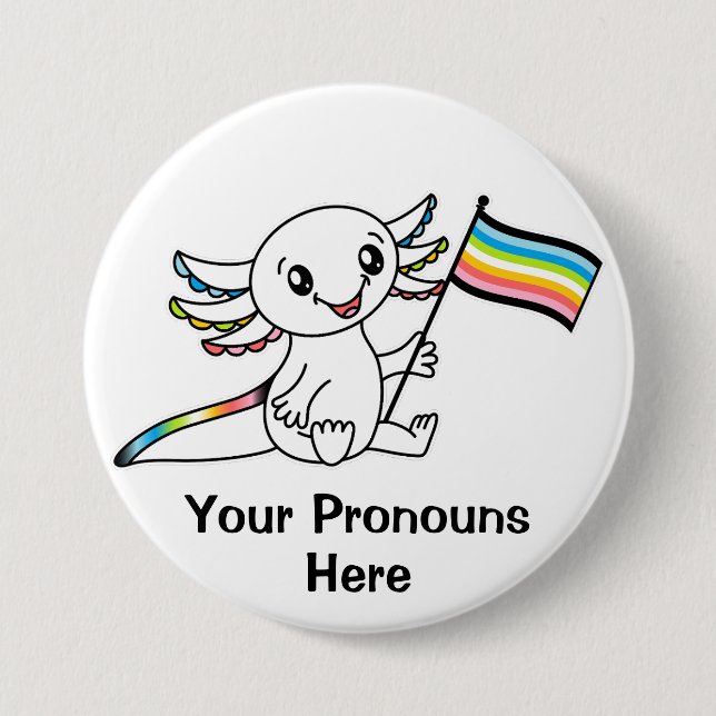 PRONOUNS Cute Axolotl with Queer Pride Flag LGBTQ+ 7.5 Cm Round Badge (Front)