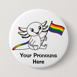 PRONOUNS Cute Axolotl with Rainbow Pride Flag LGBT 7.5 Cm Round Badge
