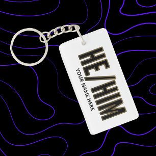 Pronouns He Him Black and Gold Key Ring