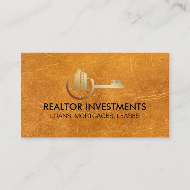 Properties Key Gold Logo | Brown Leather Business Card (Front)