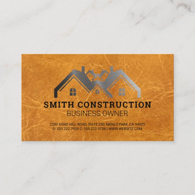 Property Logo | Brown Leather Background Business Card (Front)