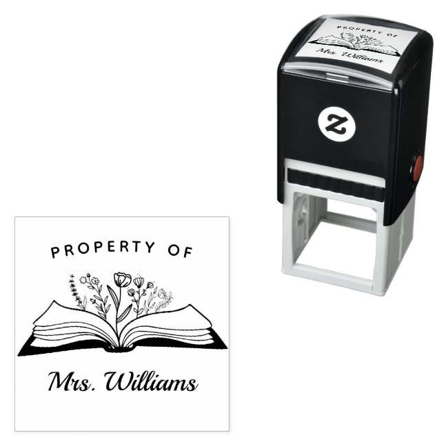 Property Of Custom Teacher Name Opened Book Flower Self-inking Stamp (In Situ)