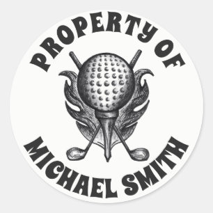 PROPERTY OF Golf Ball Tee Clubs Personalised Classic Round Sticker