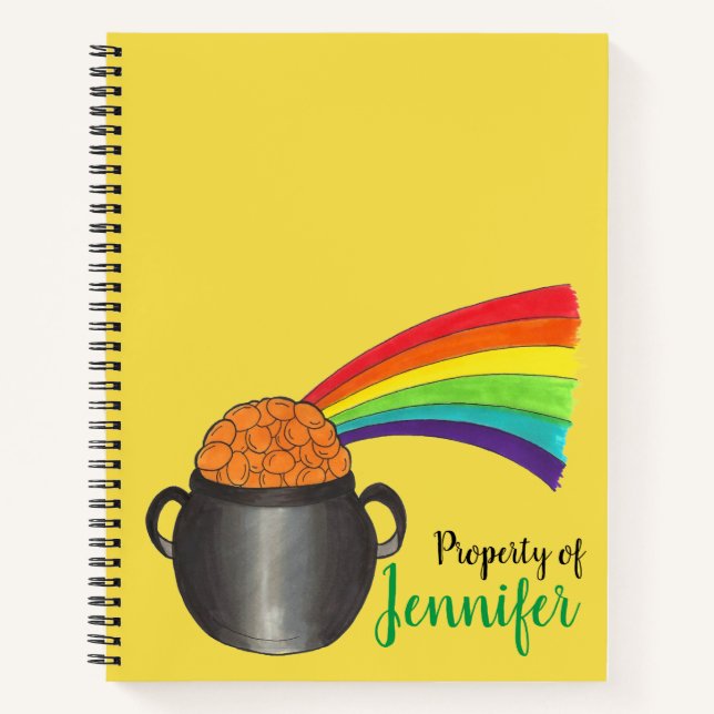 Property of Personalised Lucky Rainbow Pot of Gold Notebook (Front)