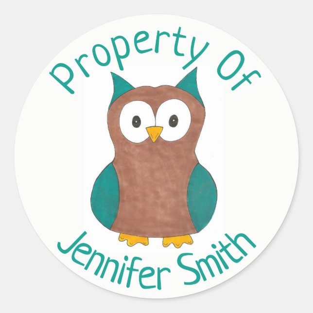 Property of Personalised Wise Brown Owl Bird Classic Round Sticker (Front)